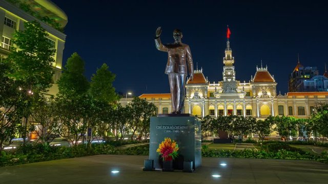 night light ho chi minh city famous monument square panorama 4k vietnam


