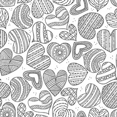 Black and white seamless pattern with artistically hand drawn hearts. Hearts coloring page.