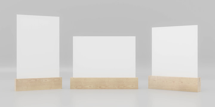 several stand up mock up blank empty cards with wooden holds with space for your content 3d illustration render