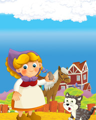 Obraz na płótnie Canvas cartoon scene with happy farmer woman on the farm ranch illustration for the children