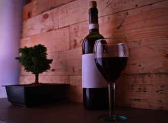 botella de vino en un ambiente frío junto a una copa