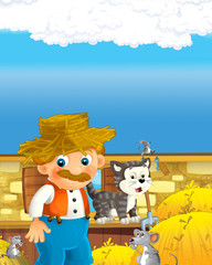 cartoon scene with happy farmer man on the farm ranch illustration for the children