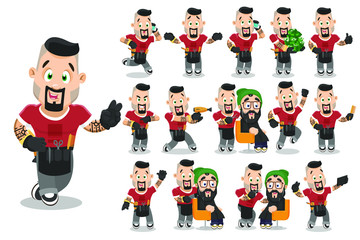 Young bearded man with tattoo, barber showing peace, victory gesture, thumb up, serving client, running, taking selfie, keeping lots of money, hairdryer, scissor, is angry. Big vector cartoon set.