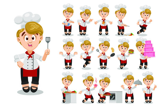 Big vector cartoon set of blond woman, chef, cook in various poses - cooking, carrying tier cake, hot dish, hamburger, dropping tray, cutting vegetables, looking to burnt palm, jumping for joy,