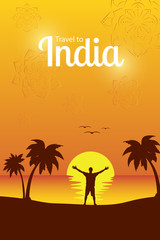 Fototapeta premium Travel to India and Asia. Man stands with open arms on a beach under a palm tree on background sunset landscape. The concept of a trip to a tropical country and the sea. Vector illustration for card.