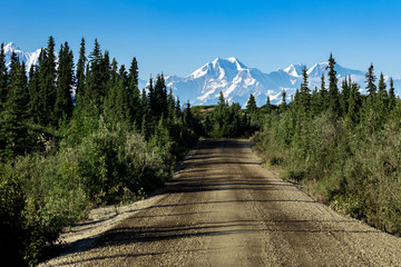 View of the road with mountain in the distance, Driving the Denali highway in Alaska in the summer - obrazy, fototapety, plakaty