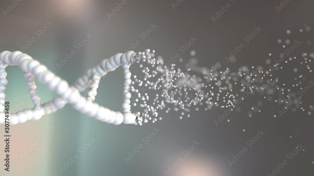 Poster flying particles form dna molecule. loopable conceptual 3d animation