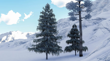 Tree in Snow Weather, Winter Background, 3D Rendering
