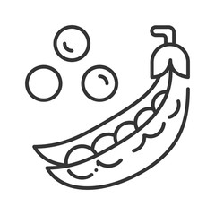 Pods of green peas and scattered pea beans black line icon. Natural vegetable. Healthy, organic food. Cooking ingredient. Pictogram for web page, mobile app, promo. UI UX GUI design element.