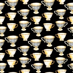Seamless background. Tea party pattern on black. Watercolor illustration of funny cups. Decorative elements with traditional hot drinks for your packing design. Multicolor decor.