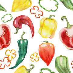 Seamless pattern of red and green peppers isolated on white background