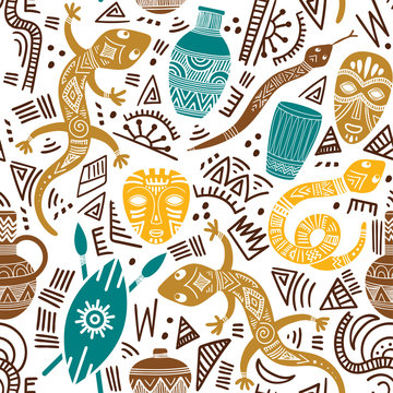 Ethnic seamless pattern with African motifs. Vector illustration. Perfect for textile print, wallpaper, cloth design, tissue, wrapping paper and fabric design.