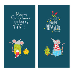 New Years card with funny rats. Vector graphics.