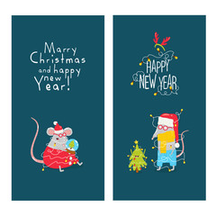 New Years card with funny rats. Vector graphics.