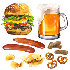 Watercolor Illustration with beer and snack. Glass, pretzel, chips, sausages, burger. Oktoberfest traditions.