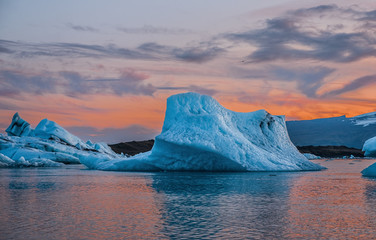 Blue icebergs floating in the jokulsarlon lagoon in Iceland in the september 2019