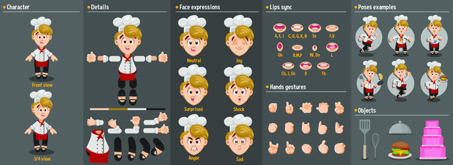 Cartoon cook, chef woman constructor for animation. Parts of body: legs, arms, face emotions, hands gestures, lips sync. Full length, front, three quarter view. Set of ready to use poses, objects