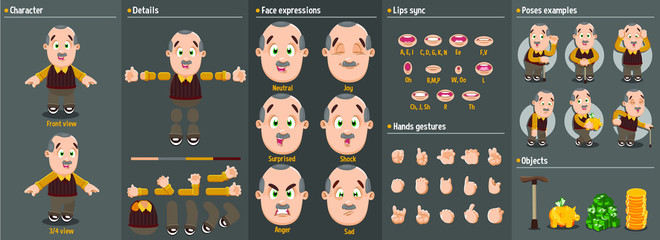 Cartoon mustached elderly man constructor for animation. Parts of body: legs, arms, face emotions, hands gestures, lips sync. Full length, front, three quarter view. Set of ready to use poses, objects