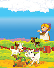 Plakat cartoon scene with happy farmer woman on the farm ranch illustration for the children