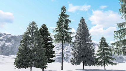 Tree in Snow Weather, Winter Background, 3D Rendering
