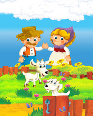 Obraz na płótnie Canvas cartoon scene with happy farmer man and woman on the farm ranch illustration for the children