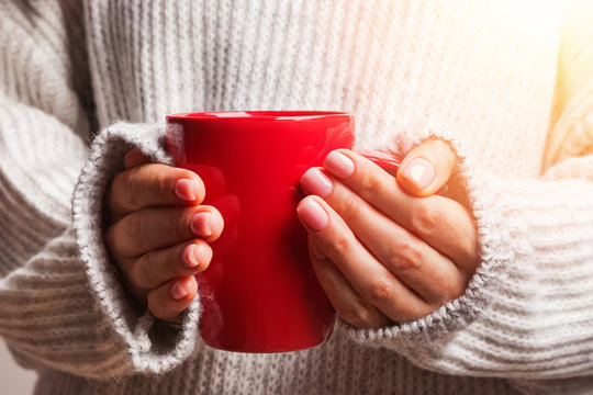 Woman's hands in warm knitted sweater holding red cup with hot drink like tea or cocoa.