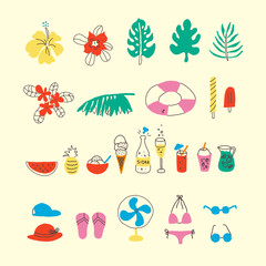 Latin american summer time. Colorful illustration of summer vacations and beach essential elements, leaves and flowers. Tropical vibes, happy and fun 