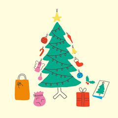 Latin american summer christmas, colorful warm illustration. A decorated christmas tree, gifts, bags, greeting card and christmas lights. Tropical vibes, happy and fun 