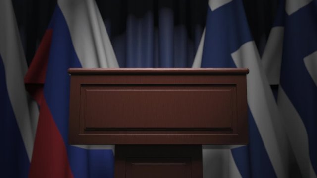 Flags of Russia and Finland and speaker podium tribune. Political event or negotiations related conceptual 3D animation