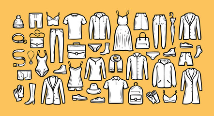 Fashion collection. Hand drawn clothes. Sketch vector illustration