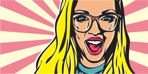 Wow woman. Pop art surprised blond woman face with open mouth. Woman with glasses.