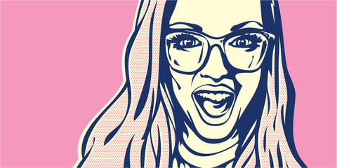 Wow woman. Pop art surprised blond woman face with open mouth. Woman with glasses.