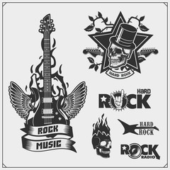 Rock'n'Roll and Hard Rock music emblems, symbols, labels and design elements. Print design for t-shirt.