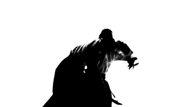 Black silhuettes of man and woman showing aikido techniques. Isolated on white. Slow motion. Close up.