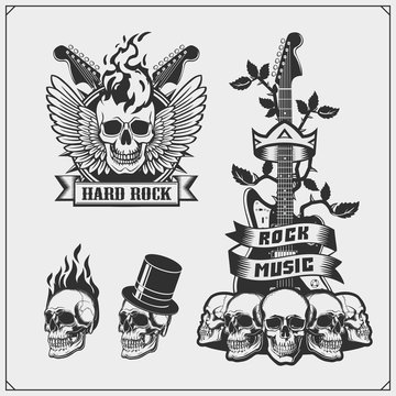 Rock'n'Roll and Hard Rock music emblems, symbols, labels and design elements. Print design for t-shirt.