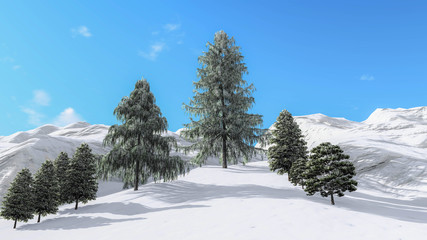 Tree in Snow Weather, Winter Background, 3D Rendering