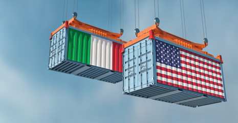 Freight container with Italy and USA national flag. 3d rendering 