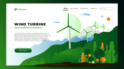 Green Fresh Wind Turbine Energy Flat Vector Background Landing Page Website Template © Salman