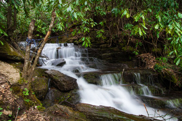 Fototapeta premium Waterfall Panorama. Soco Falls in the Blue Ridge Mountains in Maggie Valley, North Carolina. 