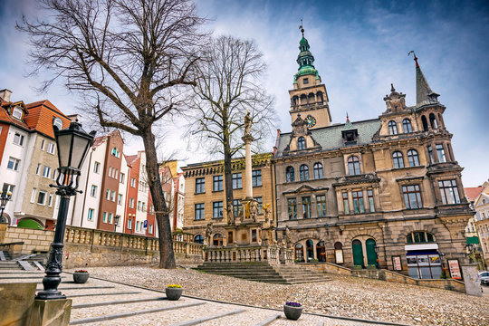 Town hall and central square of Boleslawa Chrobrego in Klodzko, Lower Silesia, Poland
