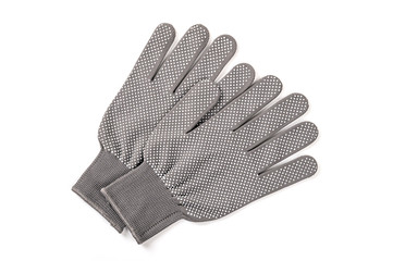Grey gloves isolated on white background. top view