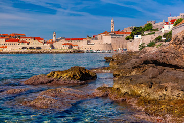 Old Harbour and Old Town in sunny day in Dubrovnik, Croatia