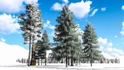 Tree in Snow Weather, Winter Background, 3D Rendering