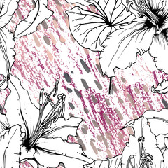Floral Black and White Pattern. Pink
