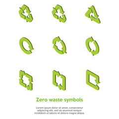 Isometric green zero waste symbols set on the white background. Reuse, renew, compost food waste, concept. Recycle symbol vector set. Collection of 9 different recycling icons. Vector illustration