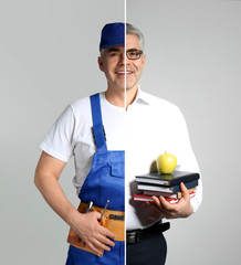 Mature worker in uniform on grey background