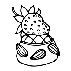 chocolate candy with strawberries and almond nut ornament, vector illustration with black contour lines isolated on white background in Doodle and hand drawn style