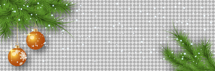Christmas and New Year vector banner template. Fir tree branches border with winter decor on transparent background 