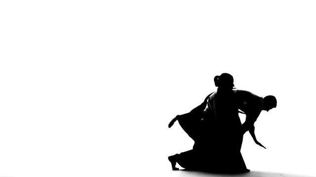 Black silhuettes of man and woman showing aikido techniques. Isolated on white. Slow motion.
