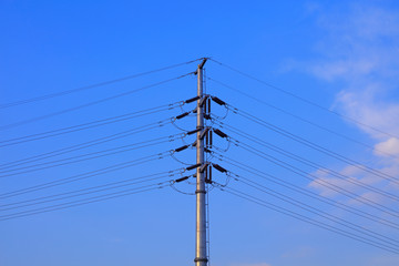 Electric steel poles in the blue sky background